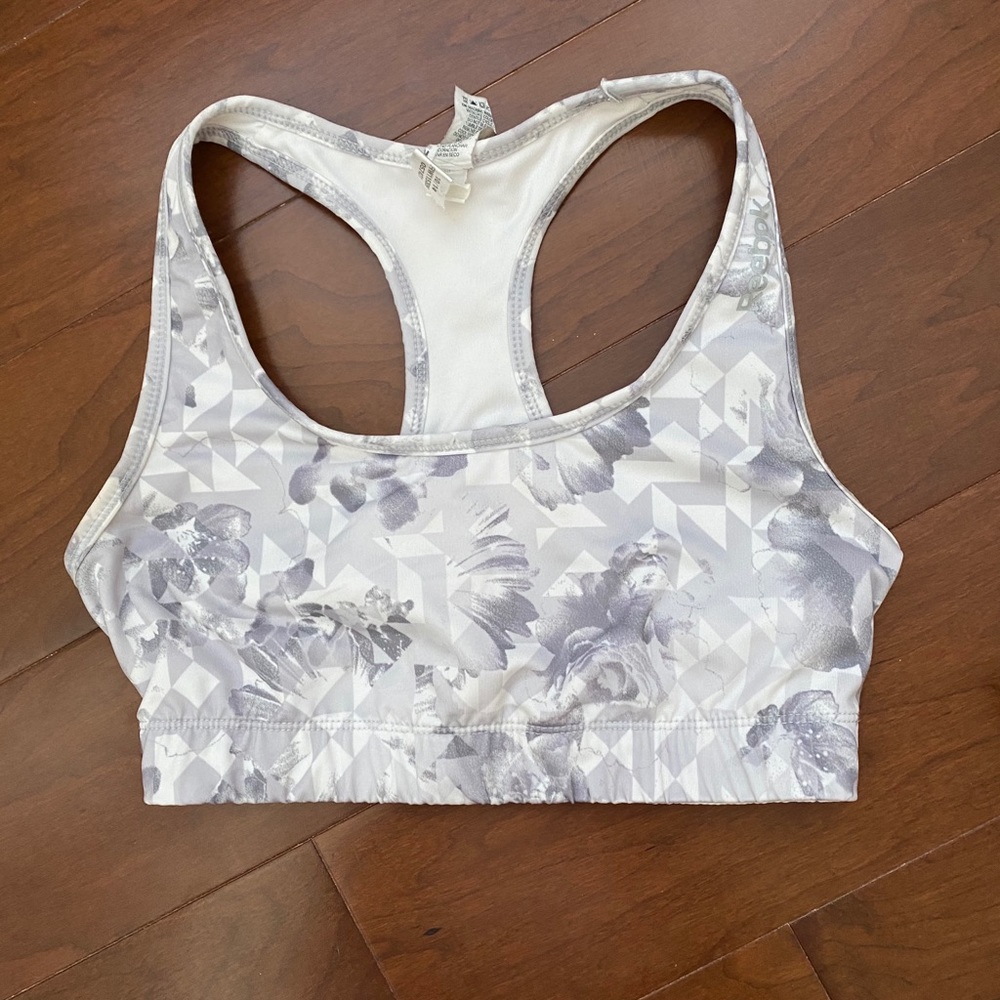 Reebok sports bra white and gray print size small